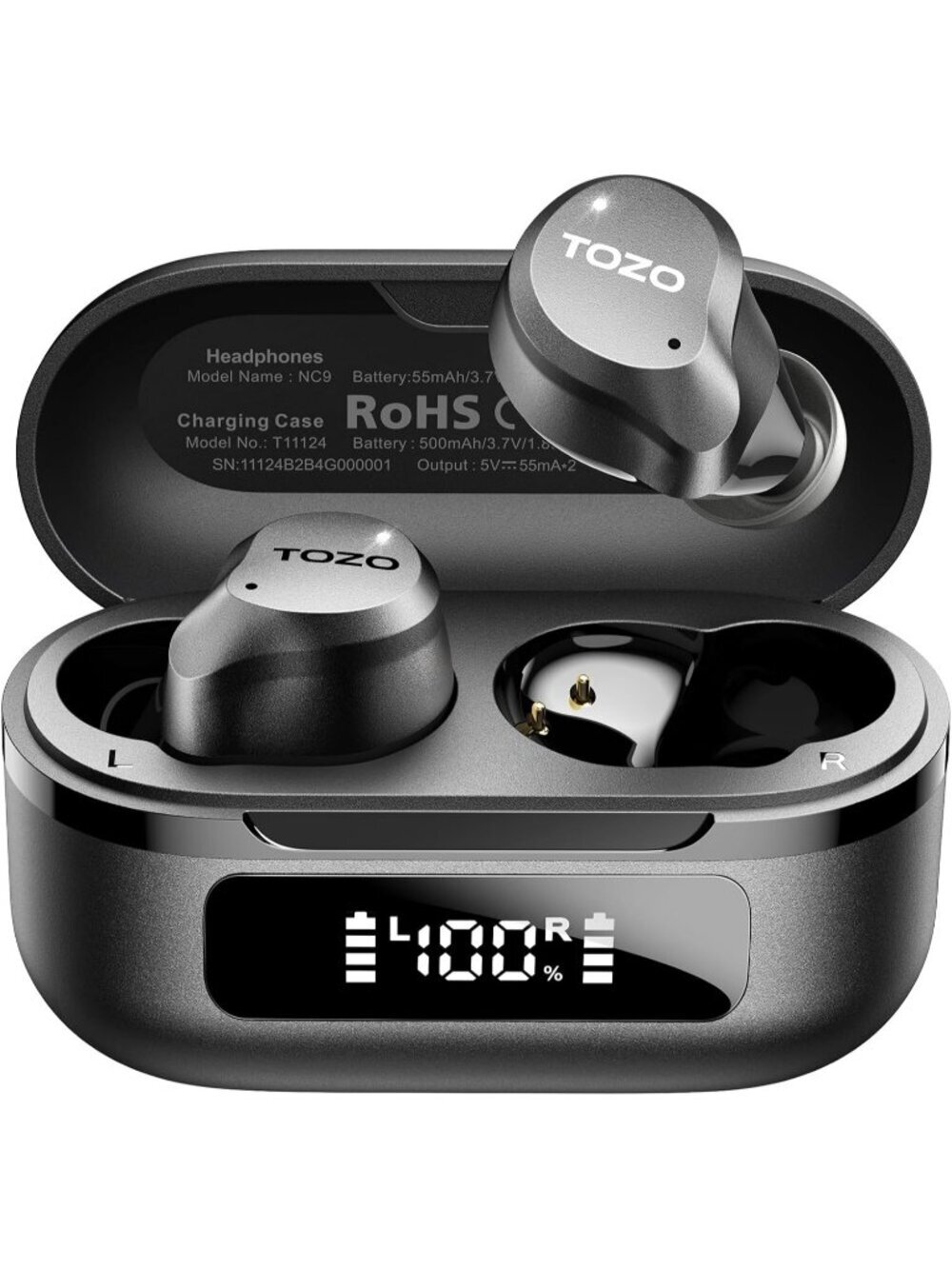 Wireless Black NC9 Hybrid Active Noise Cancelling Bluetooth Earbuds 60H Playtime